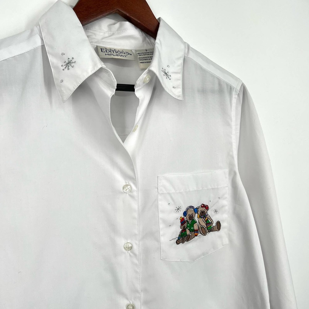 Vintage Christmas Bears Basic Editions Holiday Womens Small Blouse Shirt Top - Picture 6 of 11